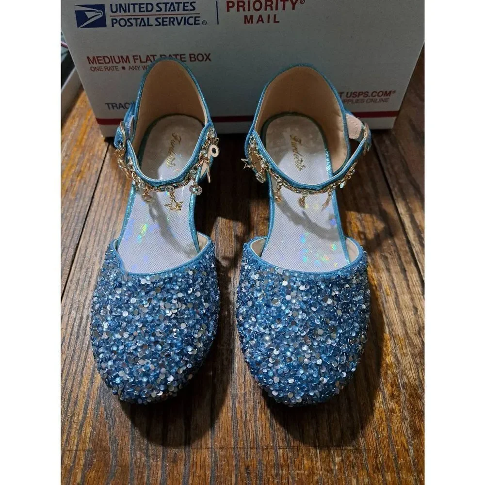New Girl Sz 5 Furdeour Sequin Blue Glitter Bow Princess Flower Girl Dress Shoes